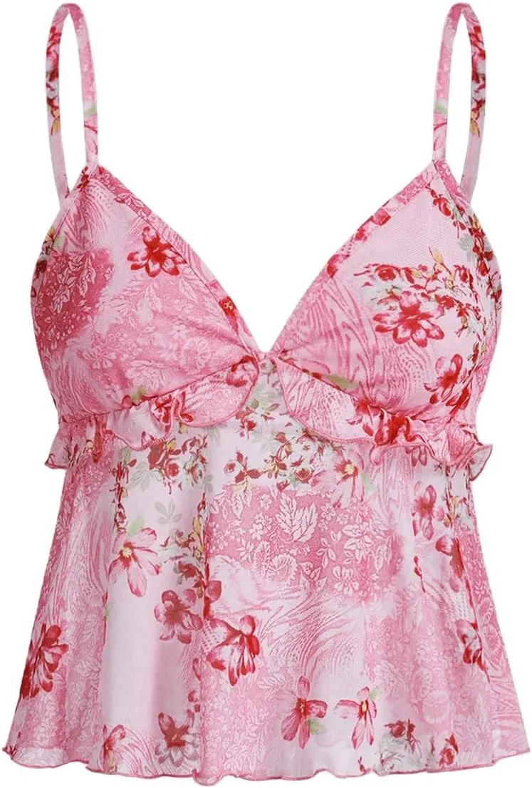 Milumia Women's Floral Mesh Cami Crop Top V Neck Ruffle Spaghetti Strap Tank Tops