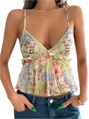 Milumia Women's Floral Mesh Cami Crop Top V Neck Ruffle Spaghetti Strap Tank Tops