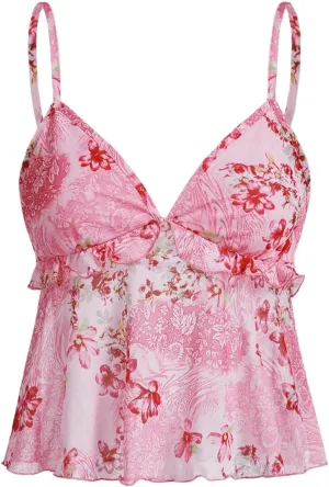 Milumia Women's Floral Mesh Cami Crop Top V Neck Ruffle Spaghetti Strap Tank Tops