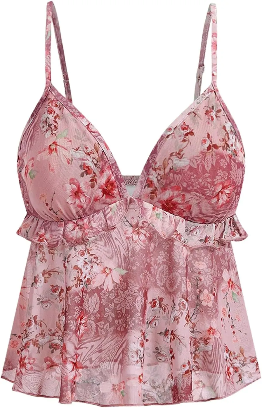 Milumia Women's Floral Mesh Cami Crop Top V Neck Ruffle Spaghetti Strap Tank Tops