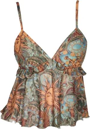 Milumia Women's Floral Mesh Cami Crop Top V Neck Ruffle Spaghetti Strap Tank Tops