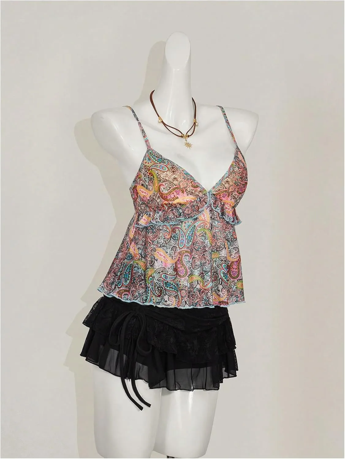 Milumia Women's Floral Mesh Cami Crop Top V Neck Ruffle Spaghetti Strap Tank Tops