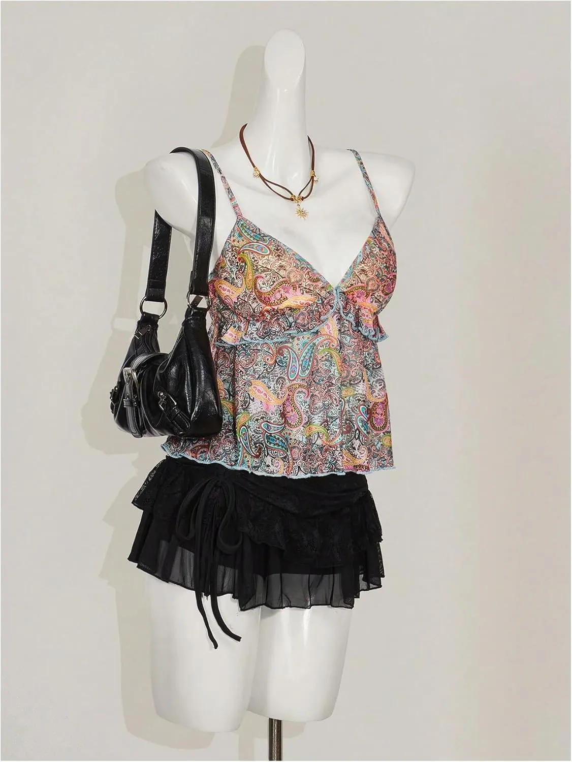 Milumia Women's Floral Mesh Cami Crop Top V Neck Ruffle Spaghetti Strap Tank Tops