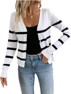 Milumia Women's Striped Long Sleeve Button Down Lightweight Cardigan Sweaters