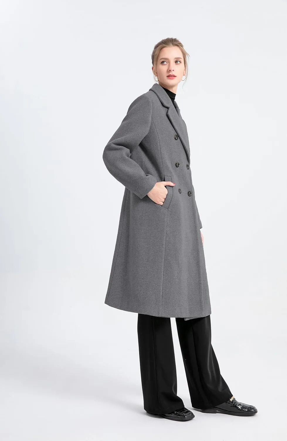 Minibee Women's Wool Trench Coats Warm Winter Pea Coat Double Breasted Mid-Long Overcoat Lapel Jackets
