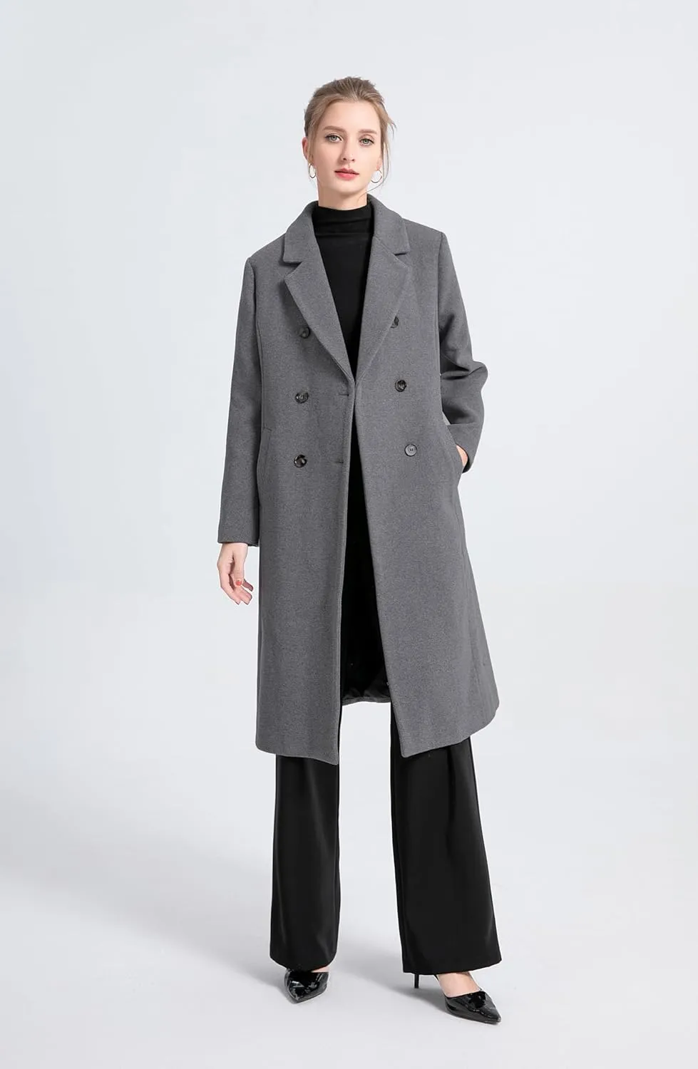 Minibee Women's Wool Trench Coats Warm Winter Pea Coat Double Breasted Mid-Long Overcoat Lapel Jackets