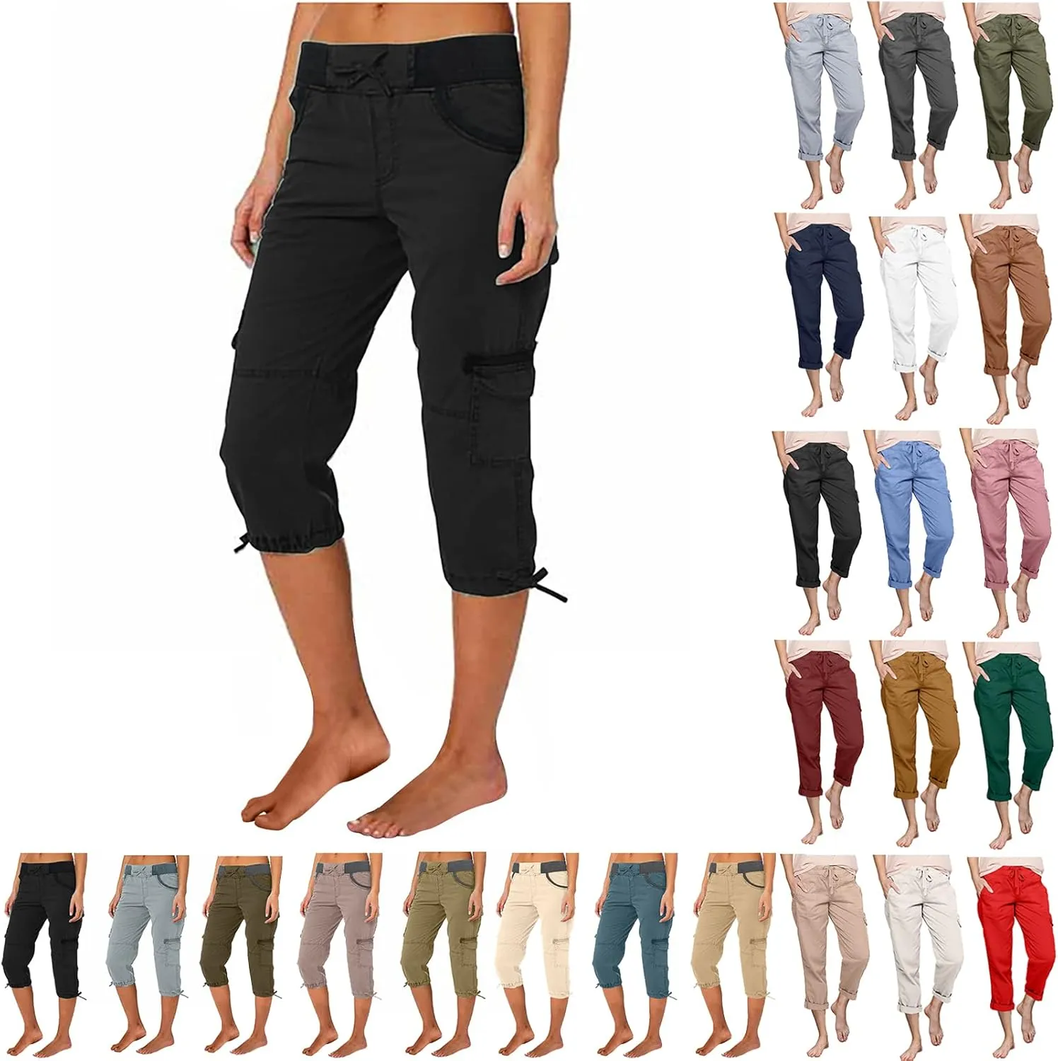 MINzYI Cargo Pants Women High Waist Fashion Adjustable Drawstring Elastic Waist Wide Leg Pants Loose Trousers with Pockets