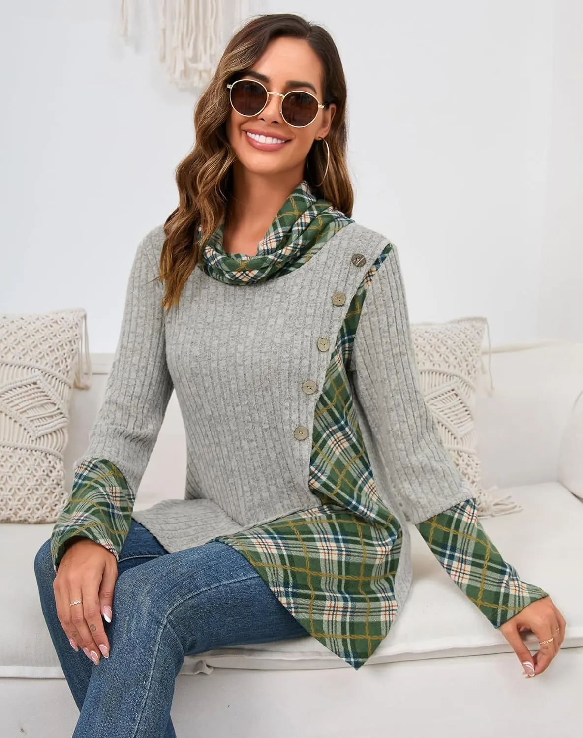 Miusey Women's Cowl Neck Pullover Sweaters Lightweight Long Sleeve Tunic Sweatshirts Asymmetric Hem Knit Sweater