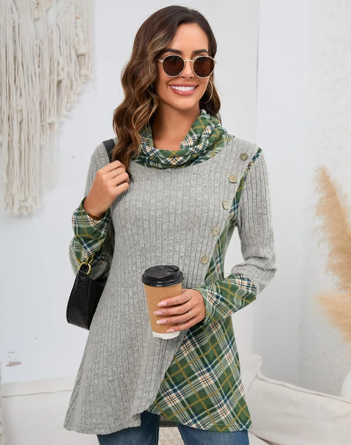 Miusey Women's Cowl Neck Pullover Sweaters Lightweight Long Sleeve Tunic Sweatshirts Asymmetric Hem Knit Sweater