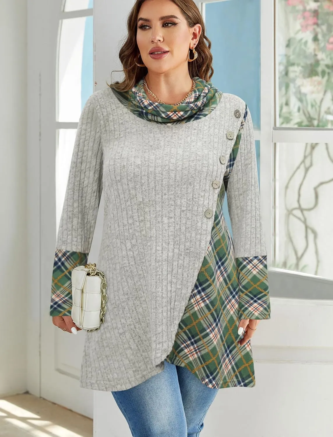 Miusey Women's Cowl Neck Pullover Sweaters Lightweight Long Sleeve Tunic Sweatshirts Asymmetric Hem Knit Sweater
