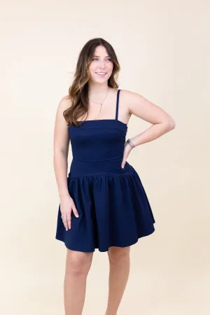 Navy Square Neck Drop Waisted Dress