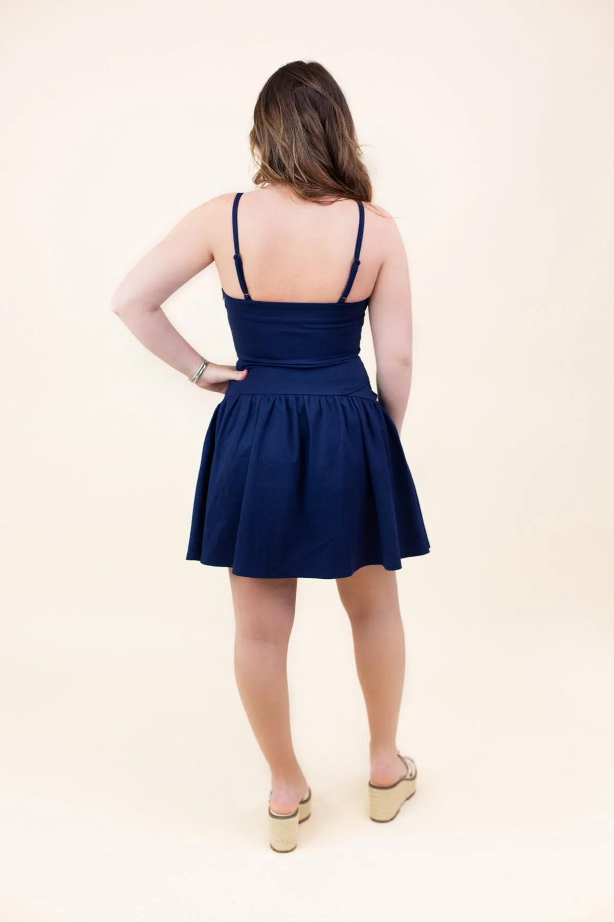 Navy Square Neck Drop Waisted Dress