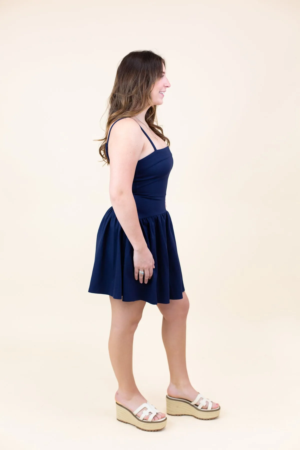 Navy Square Neck Drop Waisted Dress