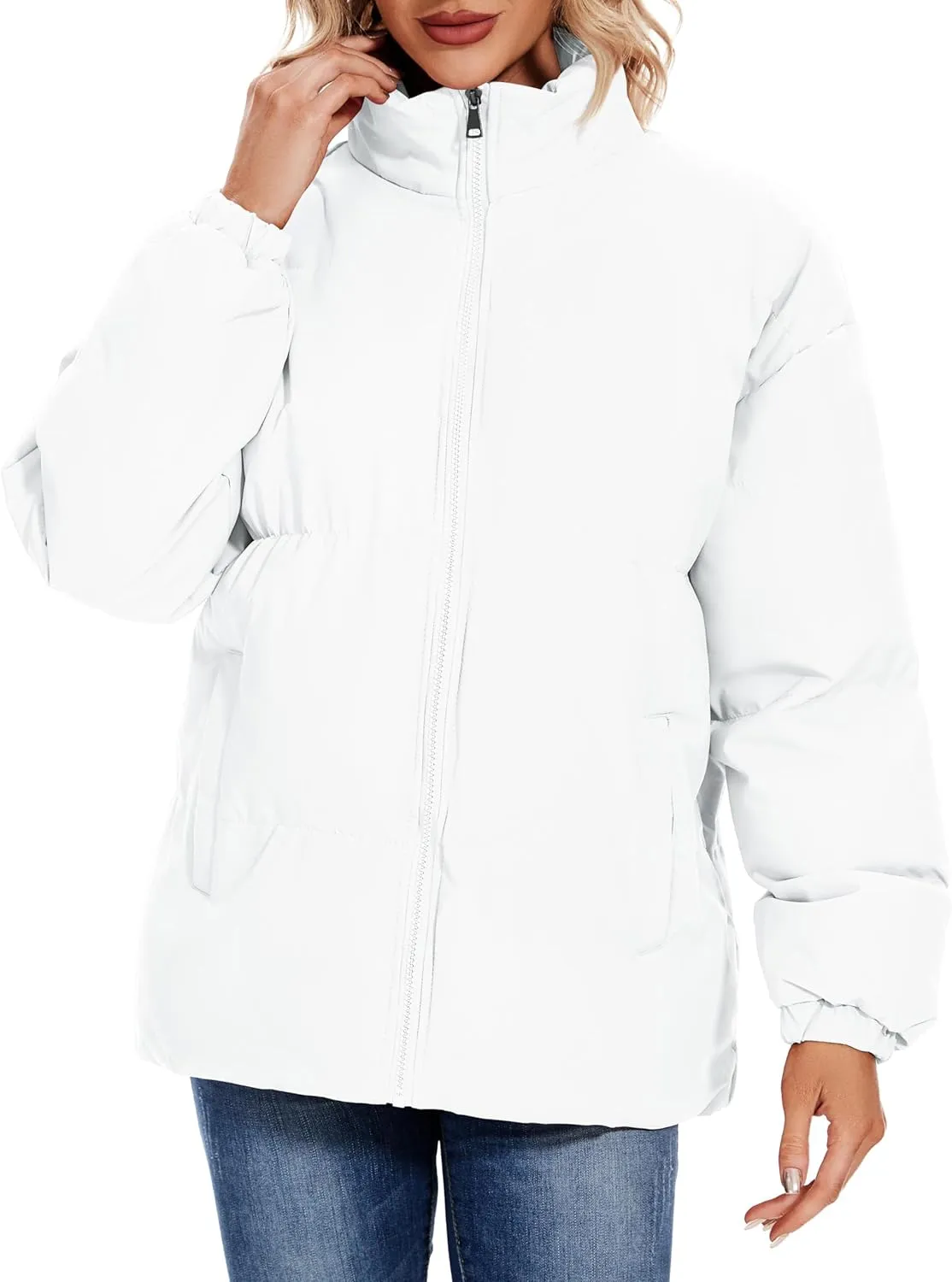Neineiwu Women's Fashion Winter Long Sleeve Zip Puffer Jacket Pockets Baggy Short Down Coats
