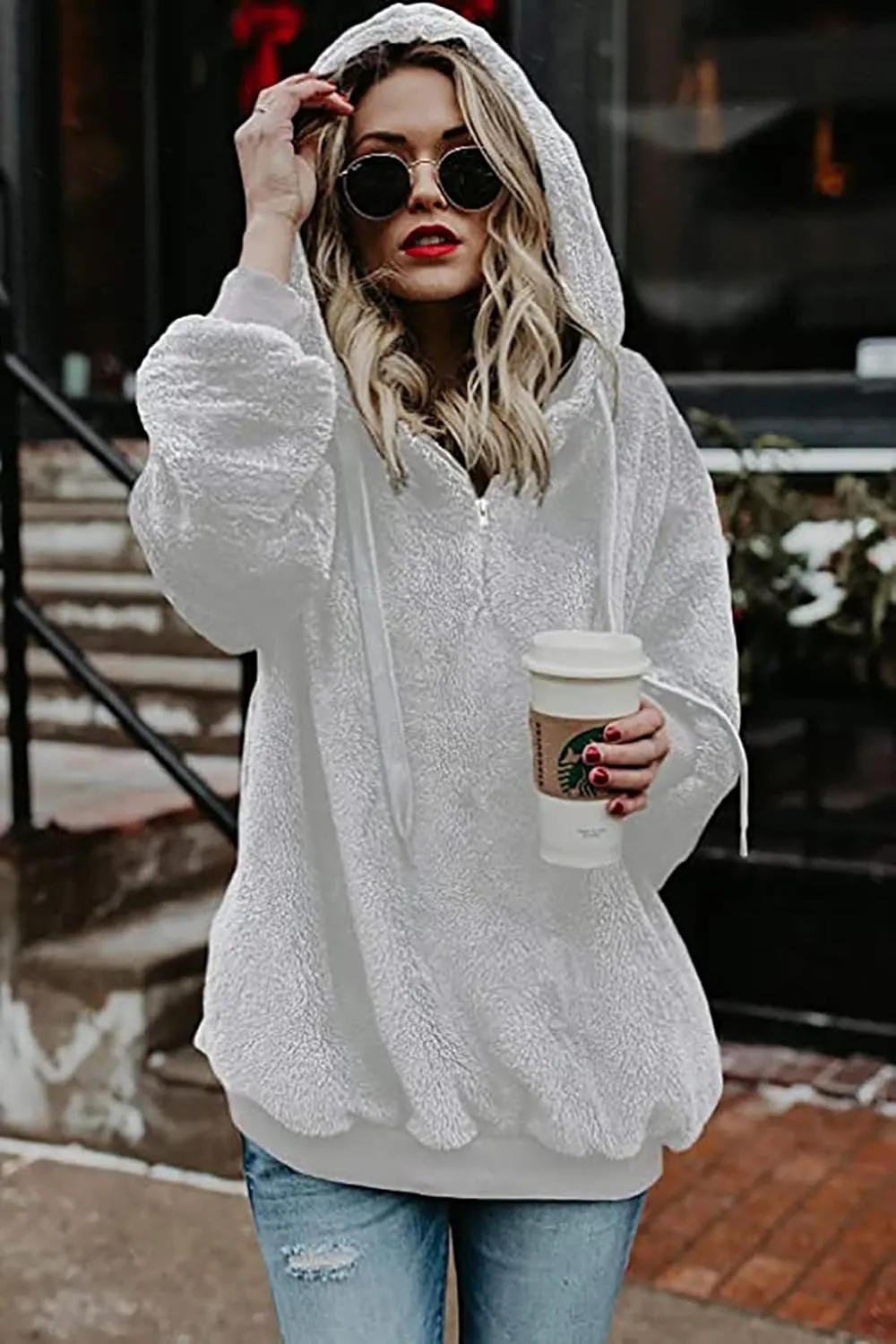 NEYOUQE Womens Warm Winter Long Sleeve 1/4 Zip Up Fleece Pullover Hoodies Sweaters Sweatshirts Fuzzy Coats with Pocket