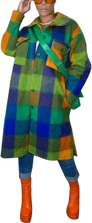 NRTHYE Women Plaid Single Breasted Long Sleeve Long Wool and Blends Outcoat and Jackets Trench Coats Shackets