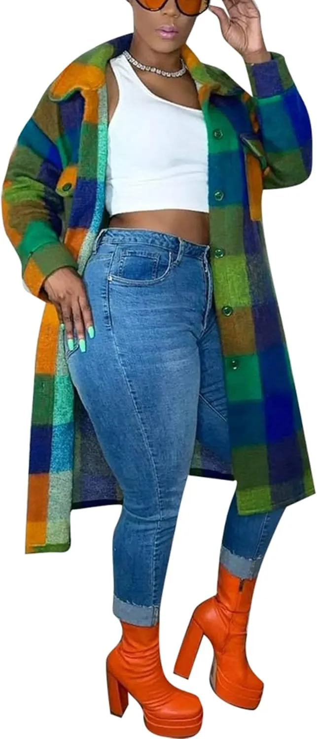 NRTHYE Women Plaid Single Breasted Long Sleeve Long Wool and Blends Outcoat and Jackets Trench Coats Shackets
