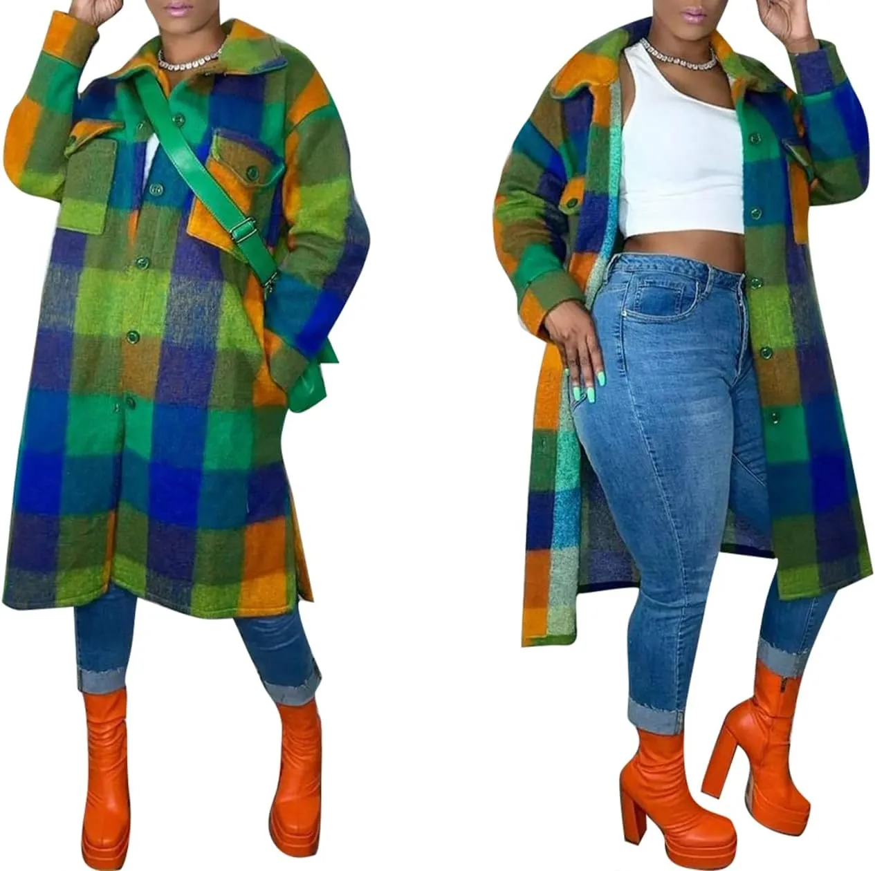 NRTHYE Women Plaid Single Breasted Long Sleeve Long Wool and Blends Outcoat and Jackets Trench Coats Shackets