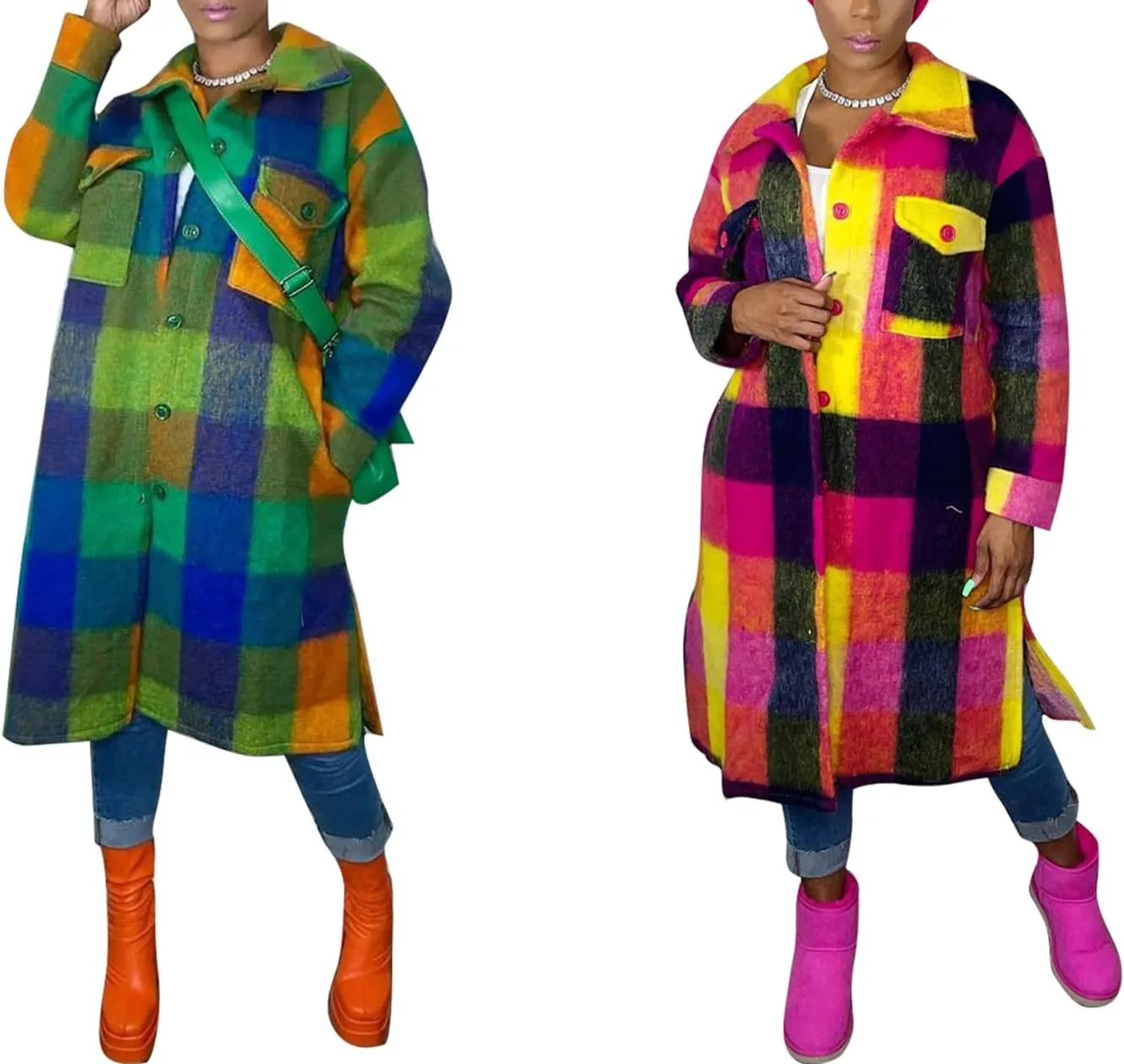 NRTHYE Women Plaid Single Breasted Long Sleeve Long Wool and Blends Outcoat and Jackets Trench Coats Shackets