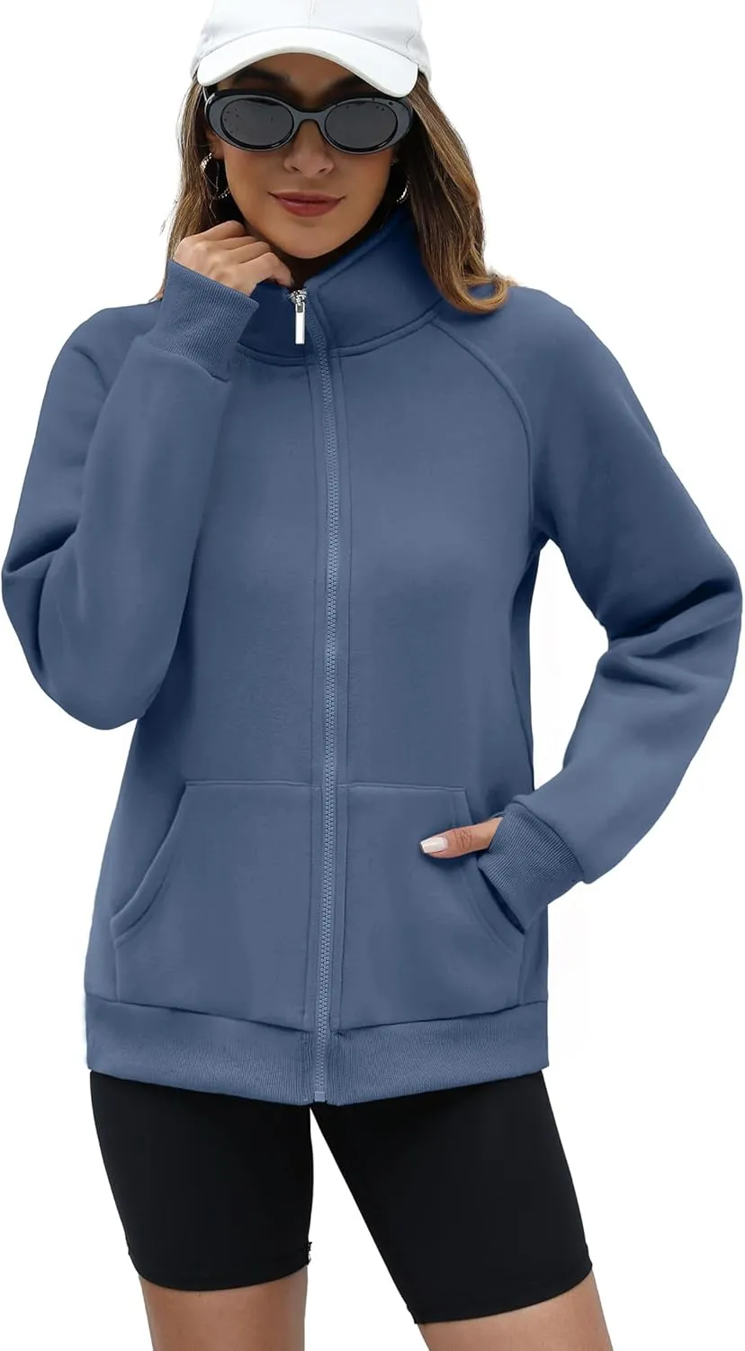 OFEEFAN Women's Full Zip Up Sweatshirt Oversized Fleece Jacket Trendy Hoodies Lightweight Coats with Pockets