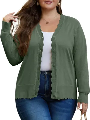 OLRIK Plus Size Cardigan for Women Cropped Long Sleeve V-Neck Buttons Down Ribbed Wave Edges Casual Knit Shrugs