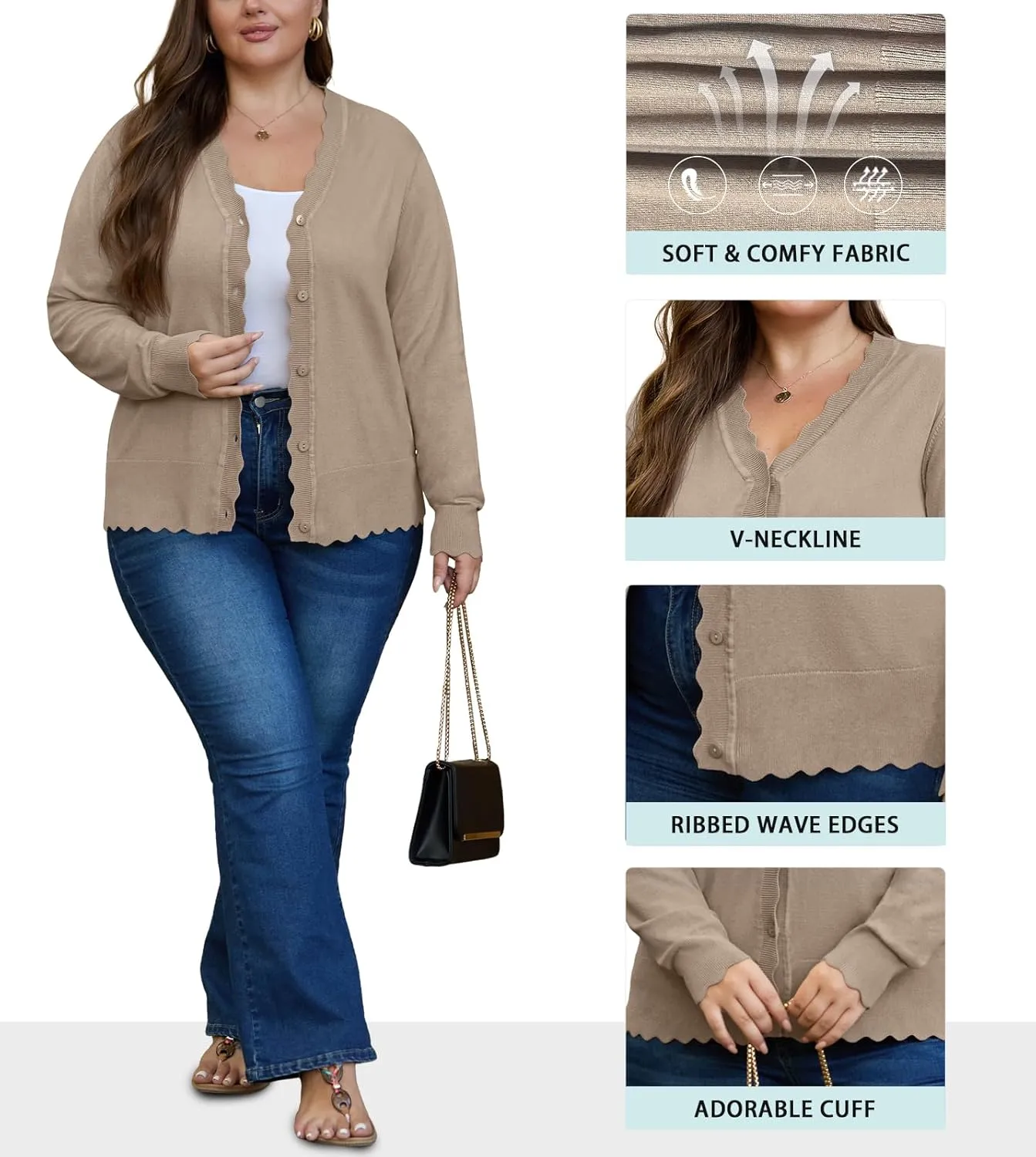 OLRIK Plus Size Cardigan for Women Cropped Long Sleeve V-Neck Buttons Down Ribbed Wave Edges Casual Knit Shrugs