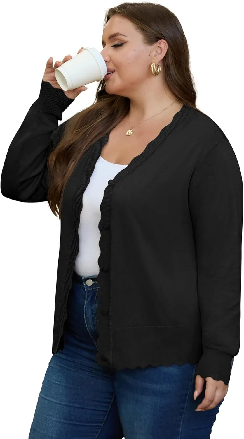 OLRIK Plus Size Cardigan for Women Cropped Long Sleeve V-Neck Buttons Down Ribbed Wave Edges Casual Knit Shrugs
