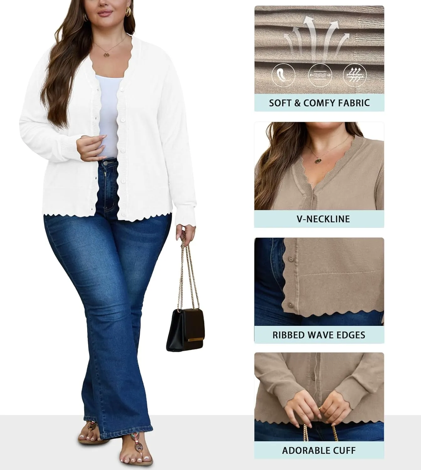 OLRIK Plus Size Cardigan for Women Cropped Long Sleeve V-Neck Buttons Down Ribbed Wave Edges Casual Knit Shrugs