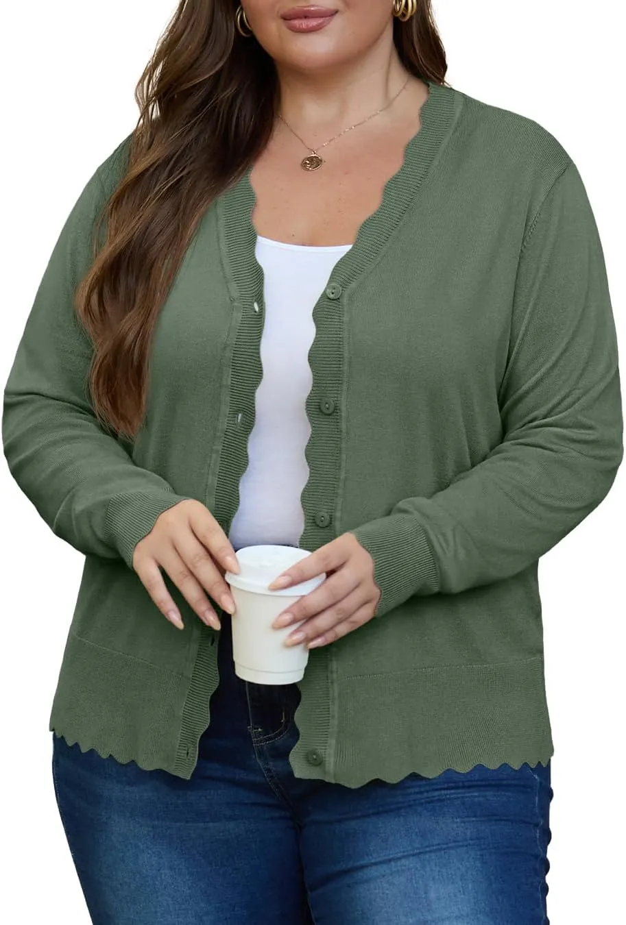 OLRIK Plus Size Cardigan for Women Cropped Long Sleeve V-Neck Buttons Down Ribbed Wave Edges Casual Knit Shrugs
