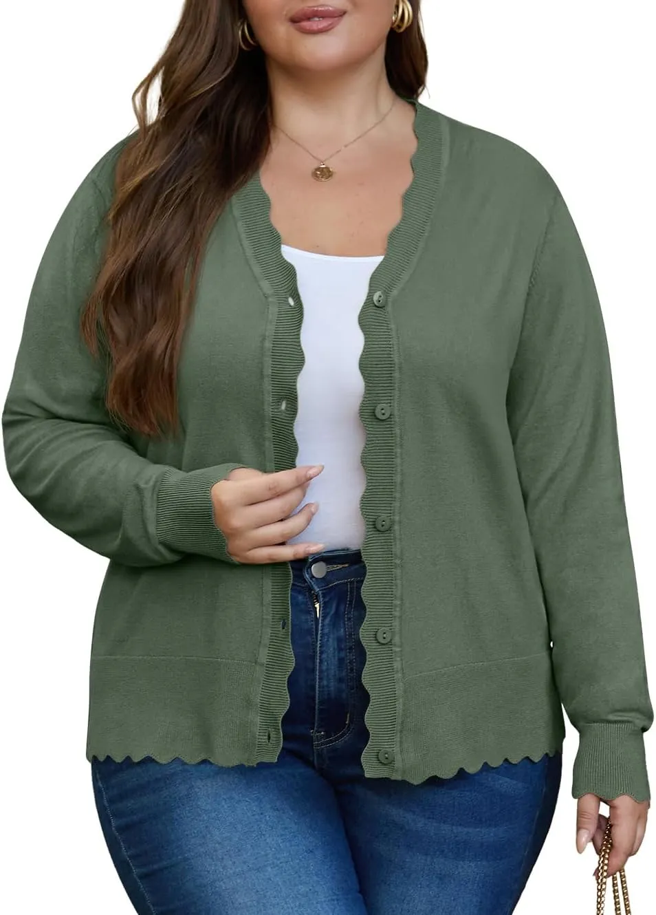 OLRIK Plus Size Cardigan for Women Cropped Long Sleeve V-Neck Buttons Down Ribbed Wave Edges Casual Knit Shrugs