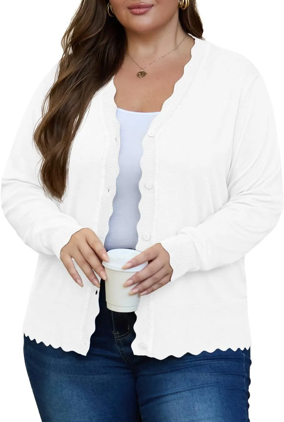 OLRIK Plus Size Cardigan for Women Cropped Long Sleeve V-Neck Buttons Down Ribbed Wave Edges Casual Knit Shrugs