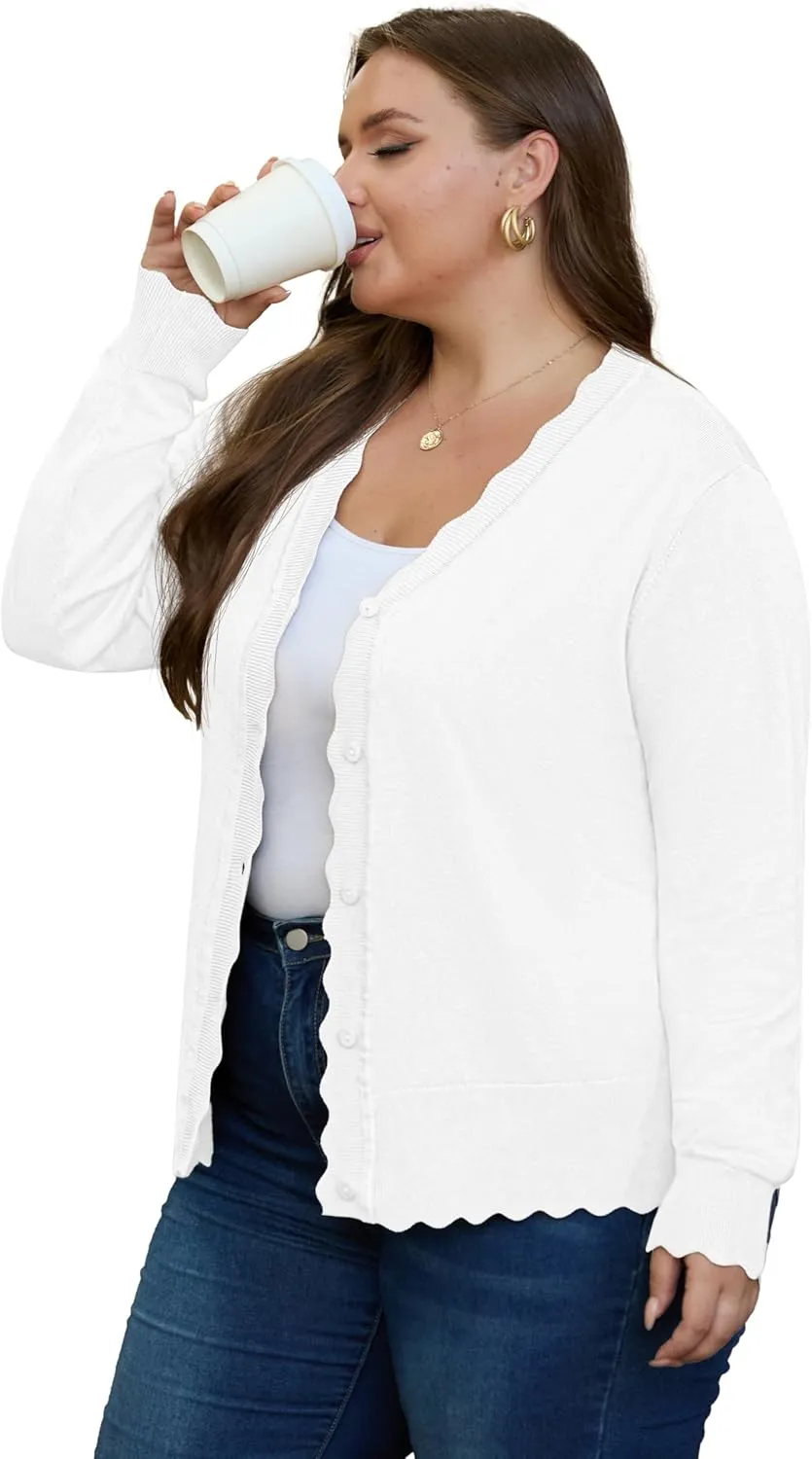 OLRIK Plus Size Cardigan for Women Cropped Long Sleeve V-Neck Buttons Down Ribbed Wave Edges Casual Knit Shrugs