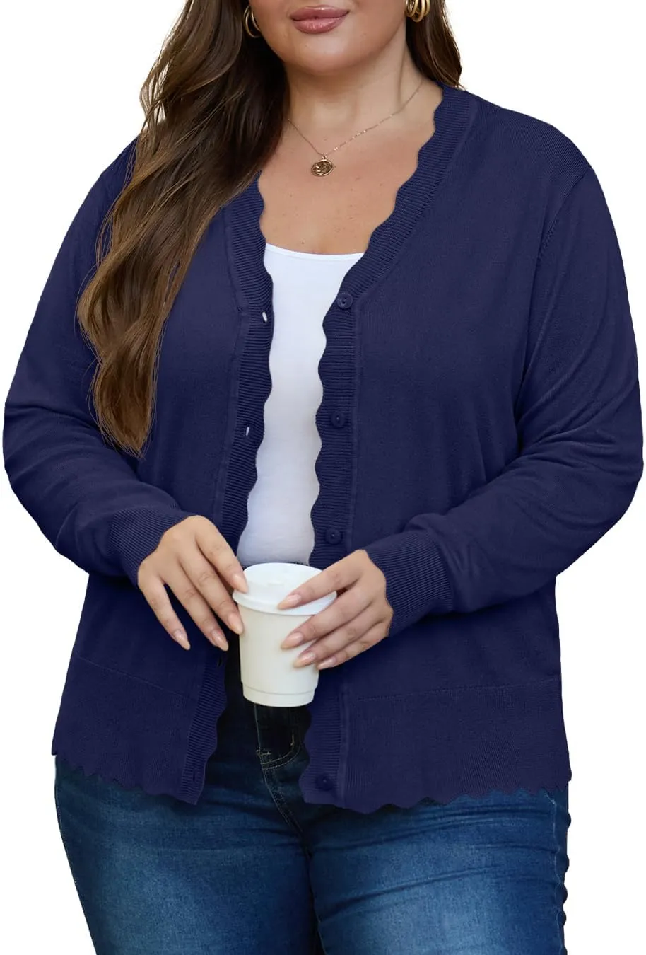 OLRIK Plus Size Cardigan for Women Cropped Long Sleeve V-Neck Buttons Down Ribbed Wave Edges Casual Knit Shrugs