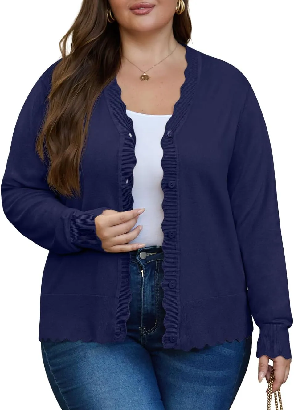 OLRIK Plus Size Cardigan for Women Cropped Long Sleeve V-Neck Buttons Down Ribbed Wave Edges Casual Knit Shrugs