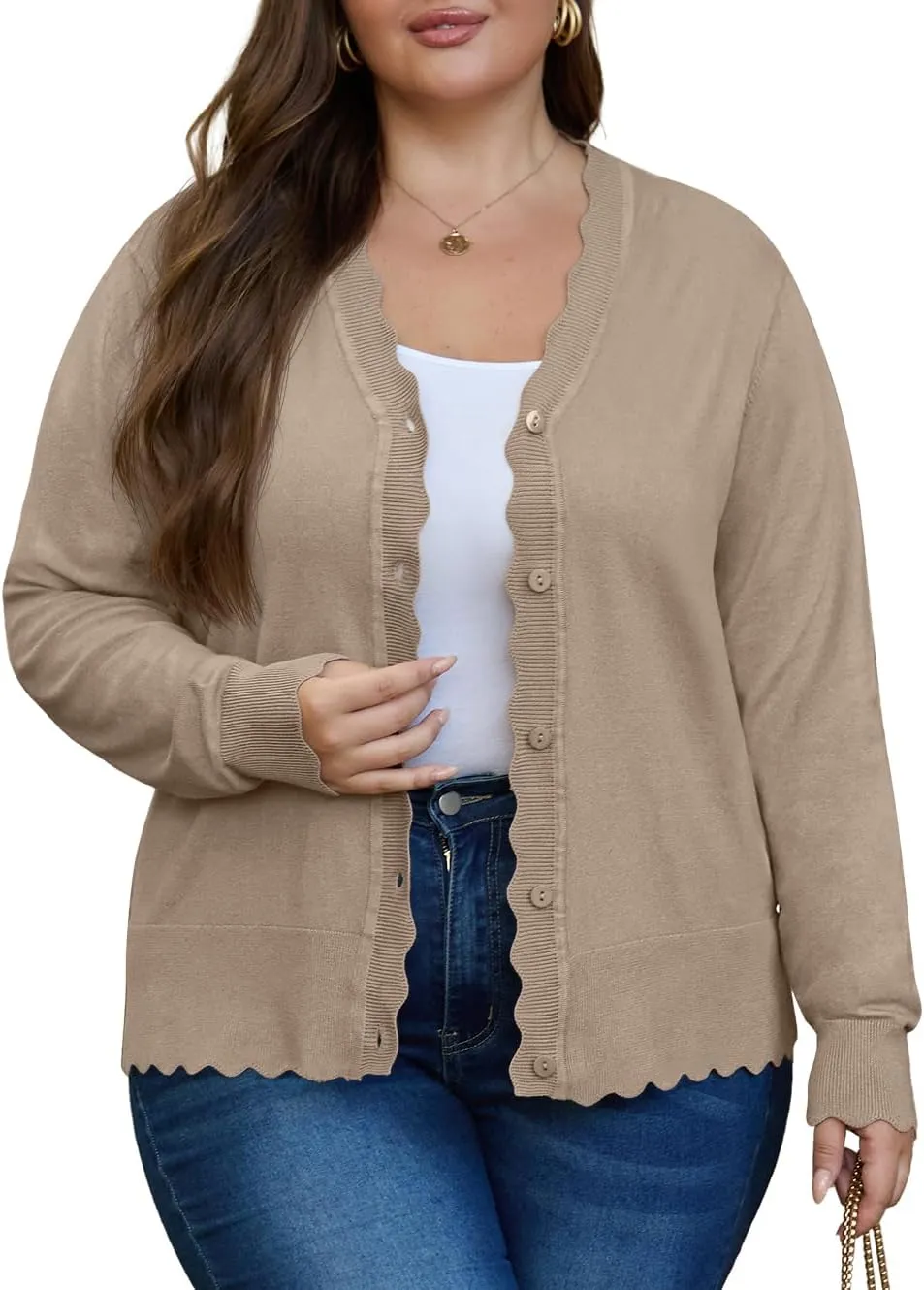 OLRIK Plus Size Cardigan for Women Cropped Long Sleeve V-Neck Buttons Down Ribbed Wave Edges Casual Knit Shrugs