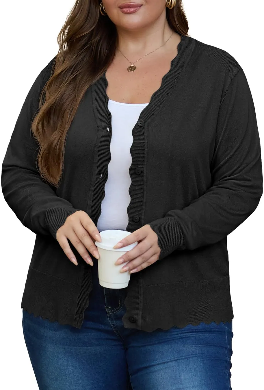 OLRIK Plus Size Cardigan for Women Cropped Long Sleeve V-Neck Buttons Down Ribbed Wave Edges Casual Knit Shrugs
