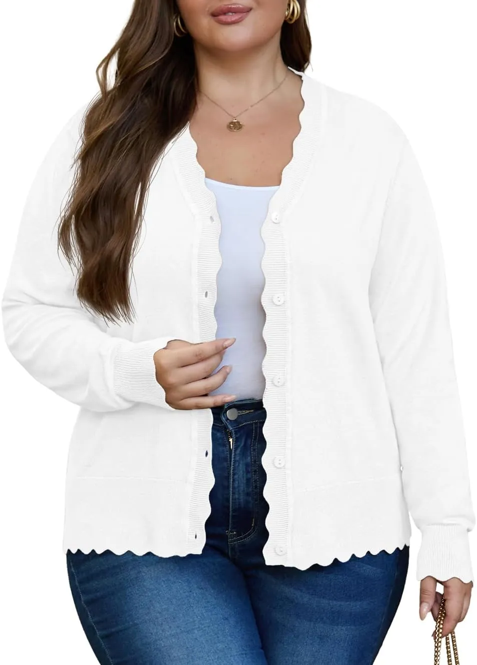 OLRIK Plus Size Cardigan for Women Cropped Long Sleeve V-Neck Buttons Down Ribbed Wave Edges Casual Knit Shrugs