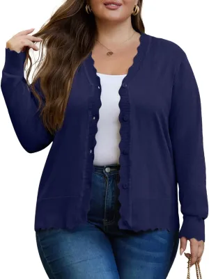 OLRIK Plus Size Cardigan for Women Cropped Long Sleeve V-Neck Buttons Down Ribbed Wave Edges Casual Knit Shrugs