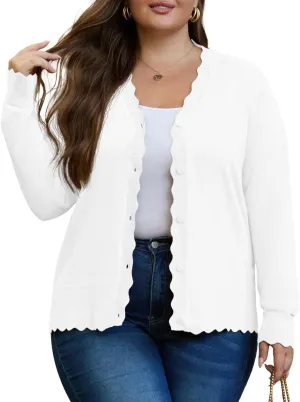 OLRIK Plus Size Cardigan for Women Cropped Long Sleeve V-Neck Buttons Down Ribbed Wave Edges Casual Knit Shrugs