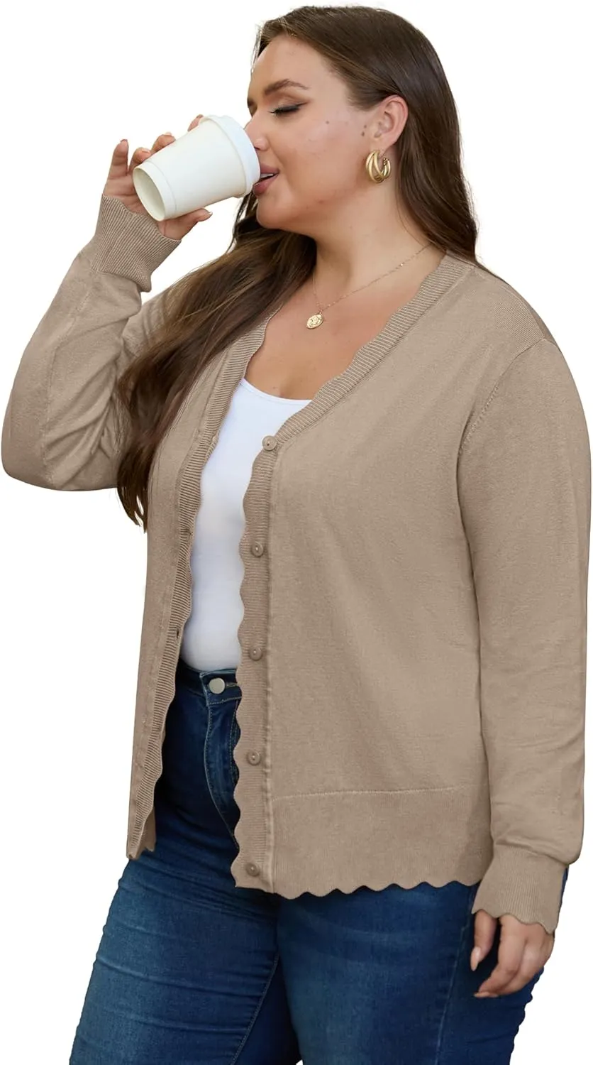 OLRIK Plus Size Cardigan for Women Cropped Long Sleeve V-Neck Buttons Down Ribbed Wave Edges Casual Knit Shrugs