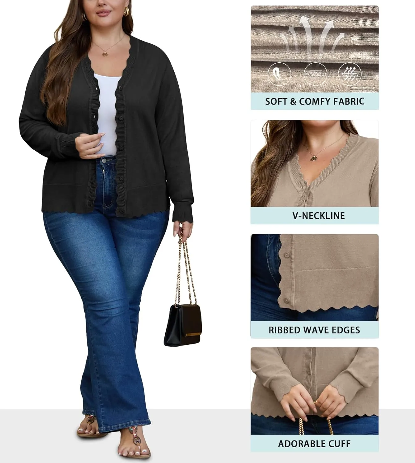 OLRIK Plus Size Cardigan for Women Cropped Long Sleeve V-Neck Buttons Down Ribbed Wave Edges Casual Knit Shrugs