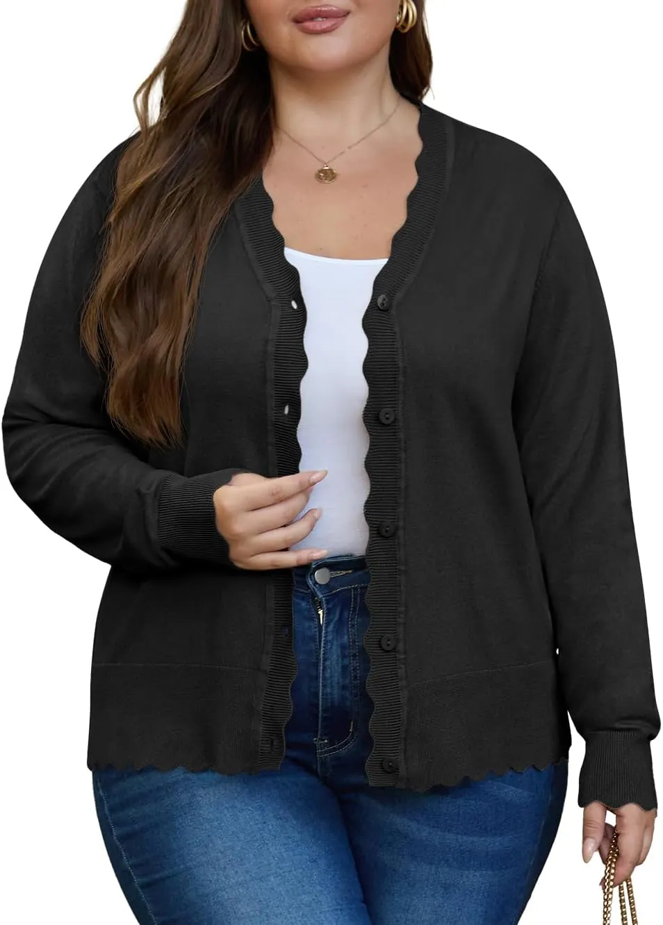 OLRIK Plus Size Cardigan for Women Cropped Long Sleeve V-Neck Buttons Down Ribbed Wave Edges Casual Knit Shrugs