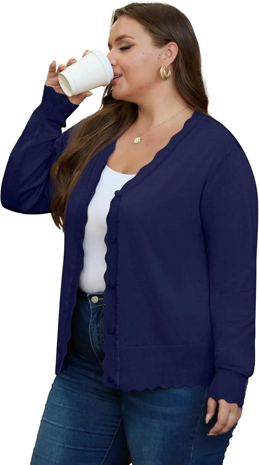 OLRIK Plus Size Cardigan for Women Cropped Long Sleeve V-Neck Buttons Down Ribbed Wave Edges Casual Knit Shrugs