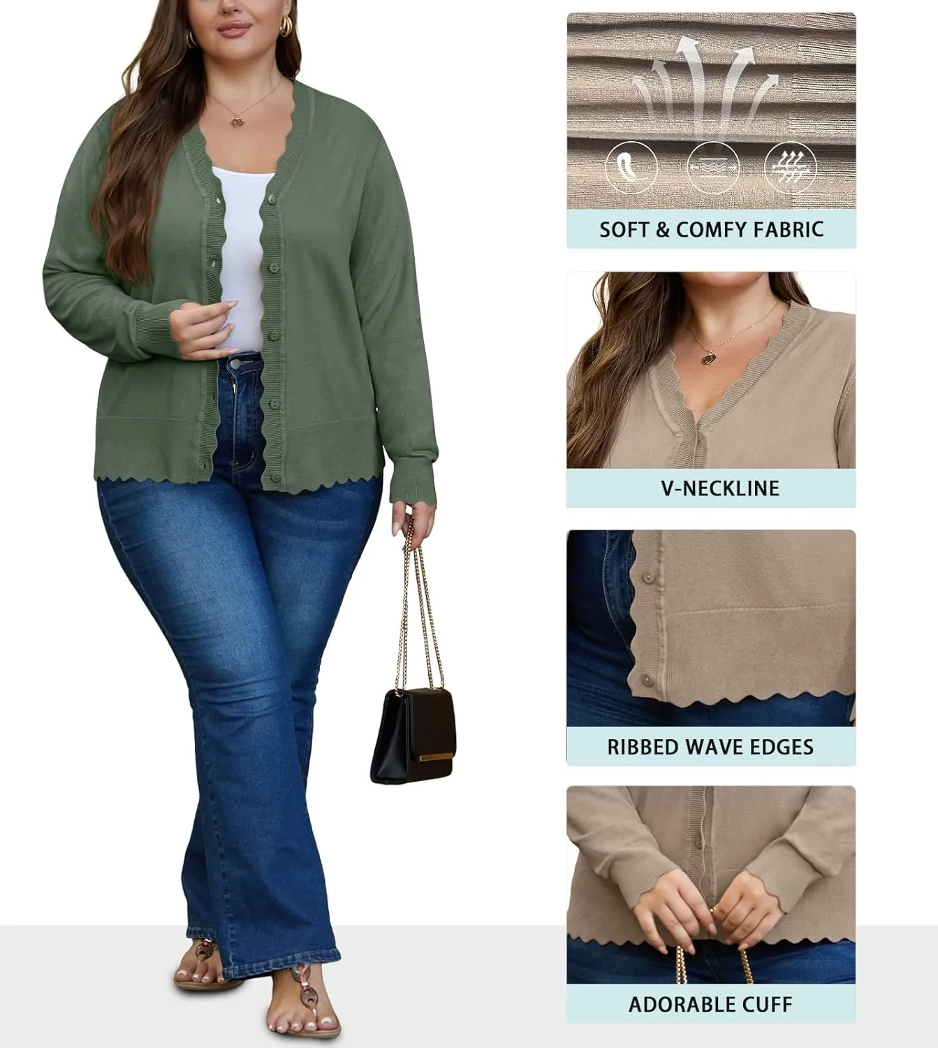 OLRIK Plus Size Cardigan for Women Cropped Long Sleeve V-Neck Buttons Down Ribbed Wave Edges Casual Knit Shrugs