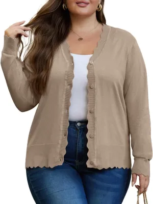 OLRIK Plus Size Cardigan for Women Cropped Long Sleeve V-Neck Buttons Down Ribbed Wave Edges Casual Knit Shrugs