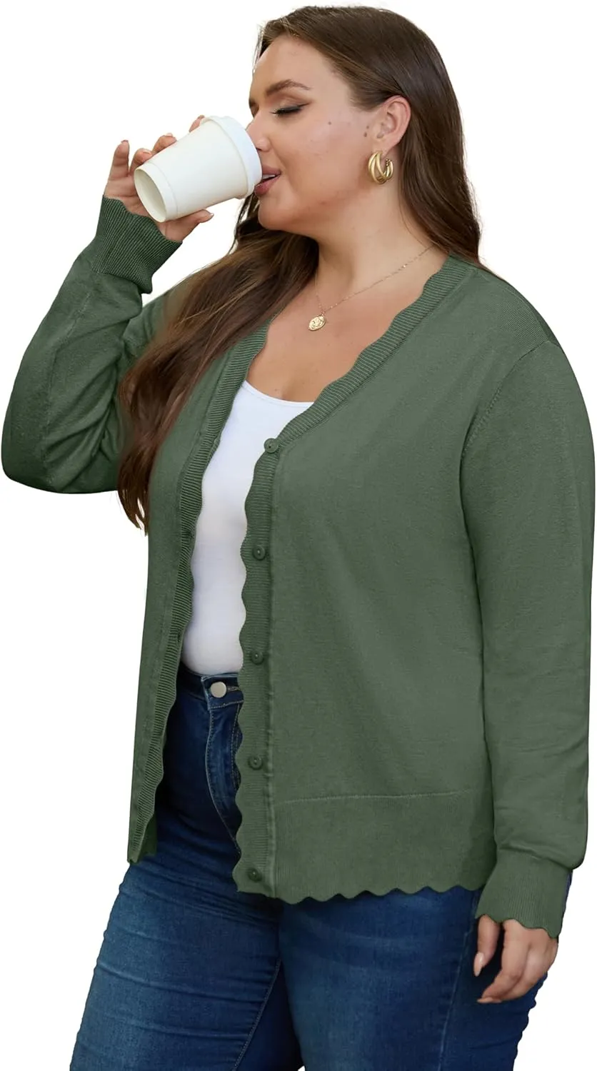 OLRIK Plus Size Cardigan for Women Cropped Long Sleeve V-Neck Buttons Down Ribbed Wave Edges Casual Knit Shrugs