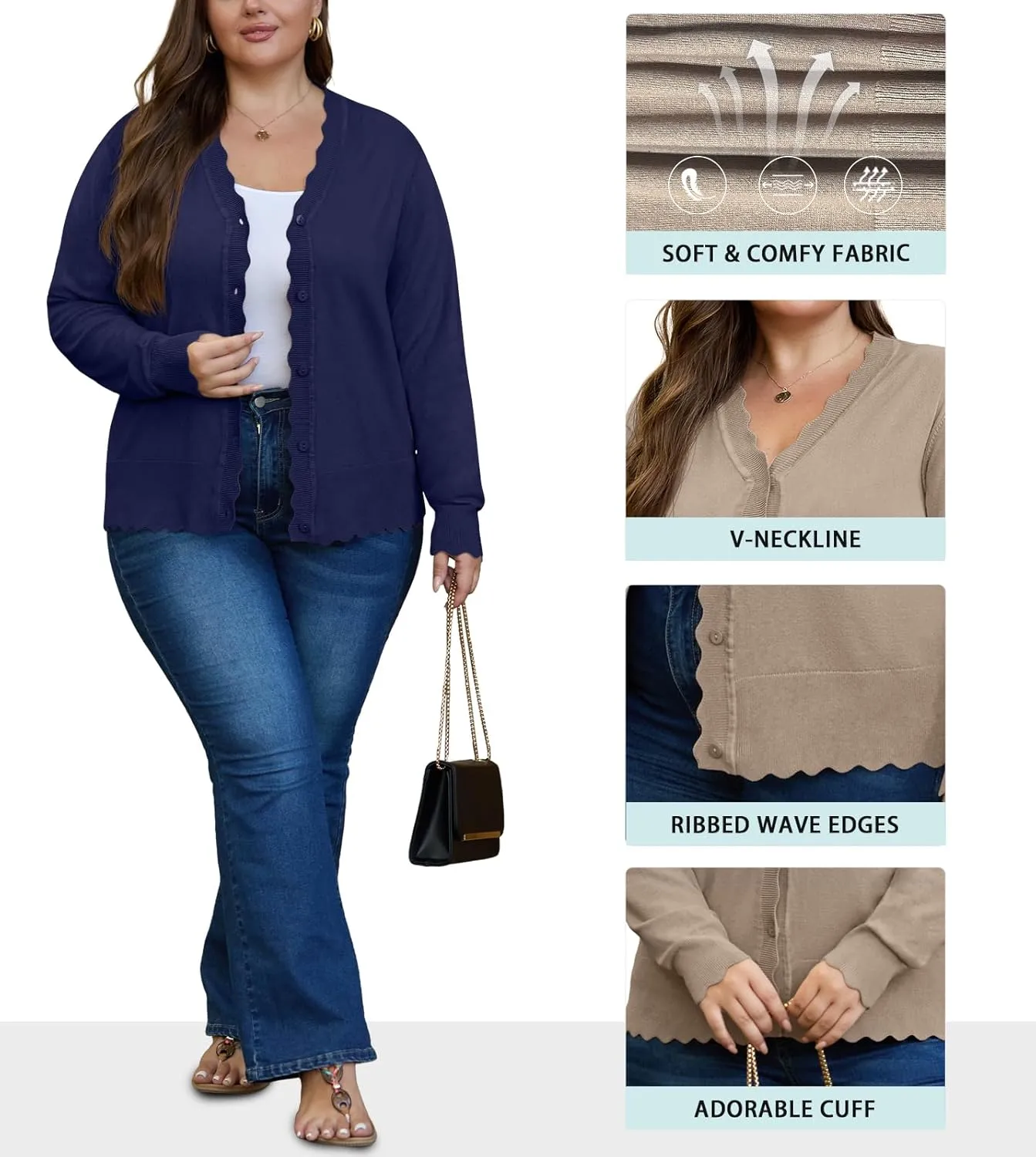 OLRIK Plus Size Cardigan for Women Cropped Long Sleeve V-Neck Buttons Down Ribbed Wave Edges Casual Knit Shrugs