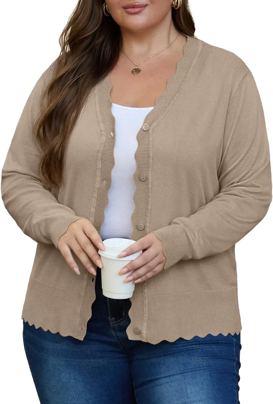 OLRIK Plus Size Cardigan for Women Cropped Long Sleeve V-Neck Buttons Down Ribbed Wave Edges Casual Knit Shrugs