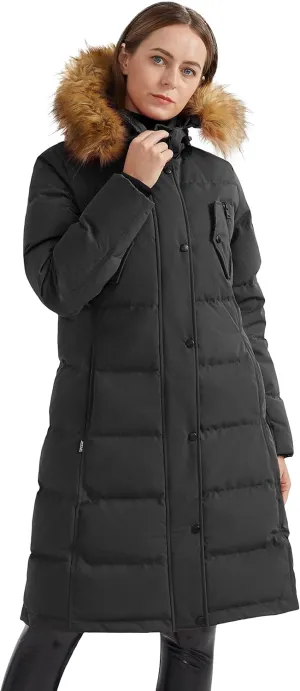 Orolay Women's Down Jacket Winter Long Coat Windproof Puffer Jacket with Fur Hood