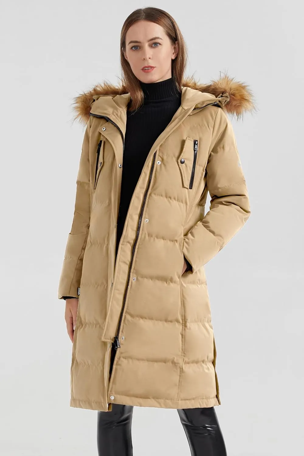 Orolay Women's Down Jacket Winter Long Coat Windproof Puffer Jacket with Fur Hood